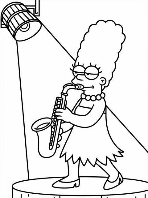Line art of marge simpson playing the saxophone under a spotlight on a stage