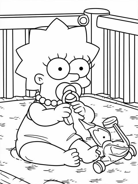 Maggie simpson from the simpsons, sitting in a crib, sucking on a pacifier