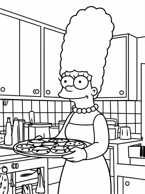 Marge simpson, from the simpsons, holding a tray of cookies in the kitchen