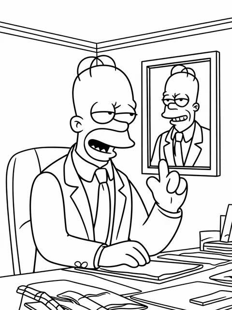 Mr. burns from the simpsons scheming in his office, pointing, coloring page style