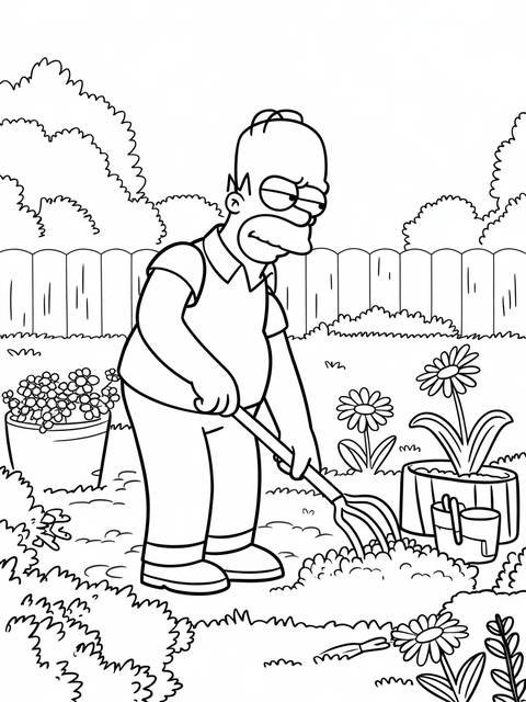 Ned flanders from the simpsons gardening in his backyard, using a rake