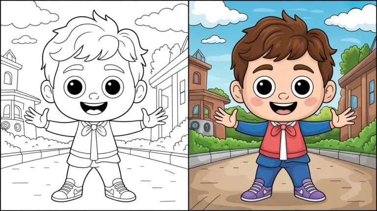 Sing 2 coloring page: a cheerful boy with open arms, in color and outline