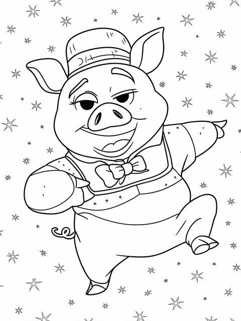 Coloring page of gunter, a flamboyant pig from sing 2, wearing a hat