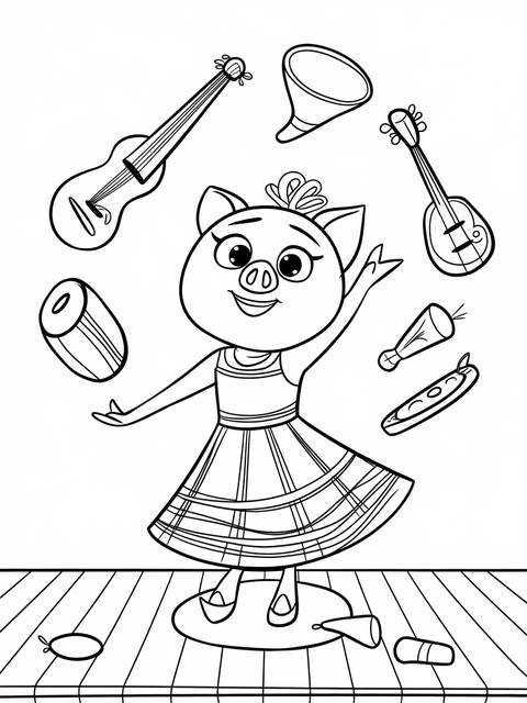 Line art coloring page featuring rosita the pig from sing 2 surrounded by musical instruments