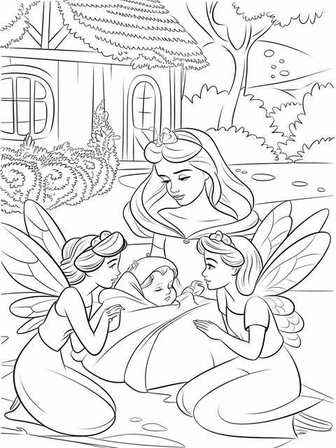 Sleeping beauty aurora as a baby with fairies in a coloring page illustration