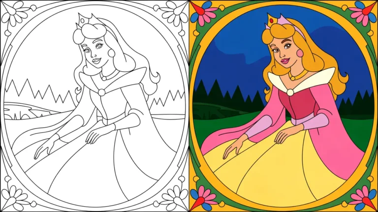 Sleeping beauty coloring page: princess aurora in a pink dress and crown