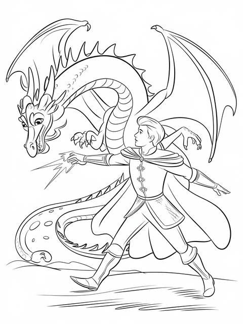 Prince phillip from sleeping beauty bravely confronts a dragon in a coloring page