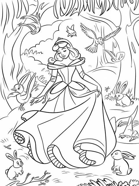 Sleeping beauty in a forest scene, surrounded by birds and rabbits, a coloring page