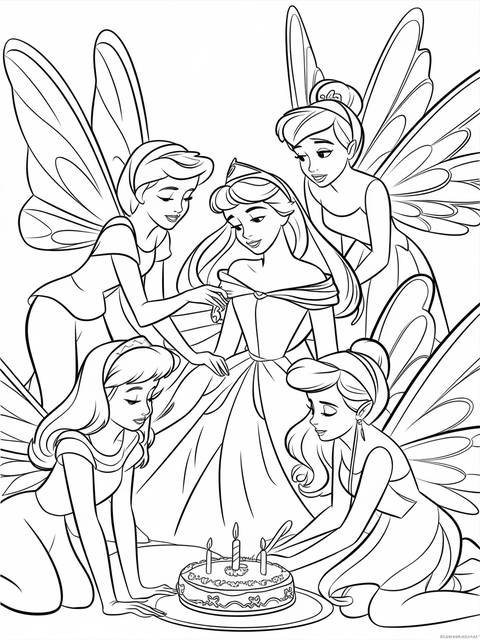 Sleeping beauty surrounded by fairies, celebrating with a cake, from a coloring page