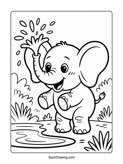 A cartoon elephant spraying water from its trunk, smiling and playing