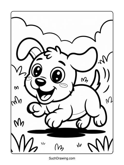 A happy puppy coloring page, running with its tongue out and smiling