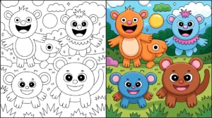 Smiling critters coloring pages: cheerful critters in various colors and outlines