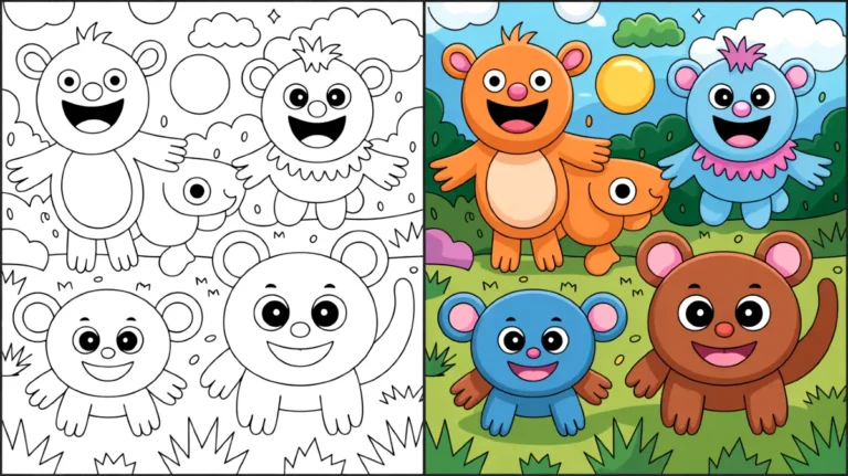 Smiling critters coloring pages: cheerful critters in various colors and outlines