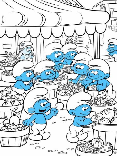 A bustling smurf village market scene with smurfs and various produce for sale