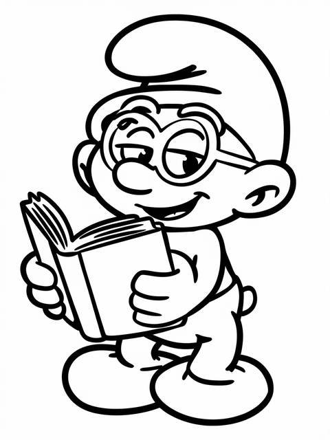 Brainy smurf wearing glasses, reading a book; a coloring page