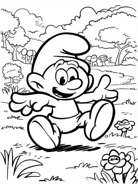 Clumsy smurf tripping and falling, a coloring page illustration from the smurfs series