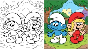 Smurfs coloring page: two panels, one black and white, one colored, featuring smurfs