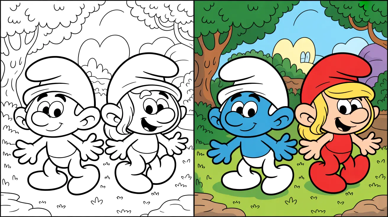 Smurfs coloring page: two panels, one black and white, one colored, featuring smurfs