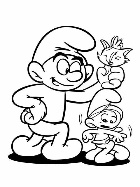 A smurf and azrael, from a smurfs cover, with a smaller smurf