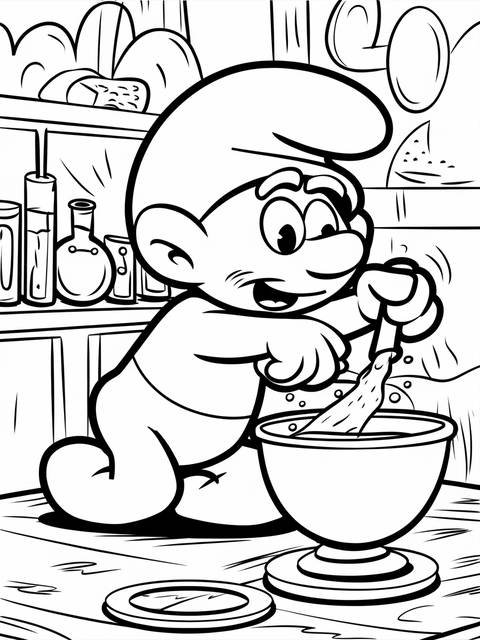 Papa smurf mixing potions in a pot, a scene from a smurfs coloring page