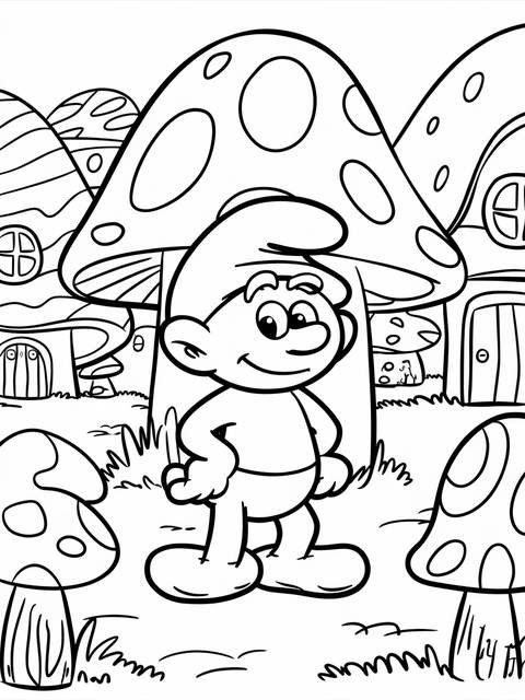 Papa smurf standing in front of mushroom houses, a coloring page from the smurfs