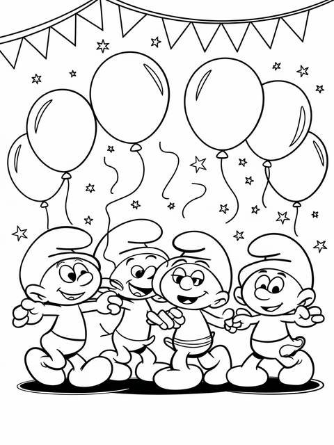Smurfs celebrating with balloons and streamers at a festival, a coloring page