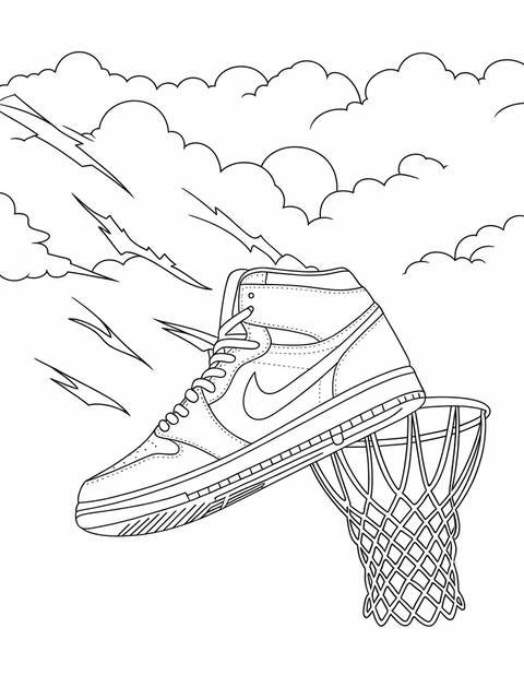 Basketball sneaker soaring through the air, about to score a basket