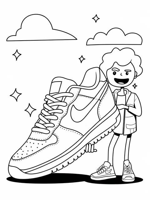 Cartoon character holding a large sneaker, a coloring page illustration