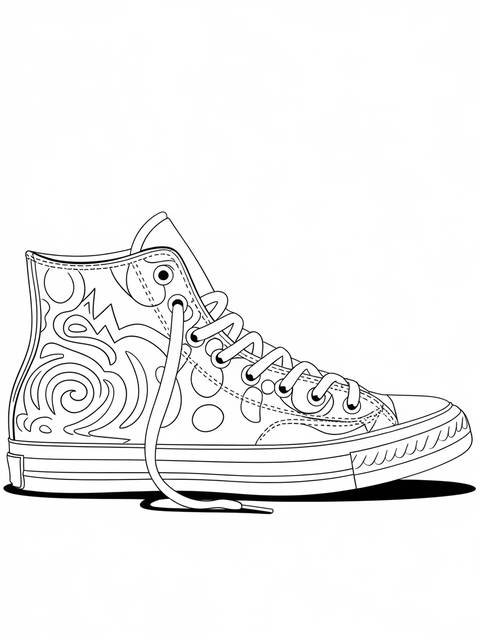 Line drawing of a high-top sneaker with decorative patterns and laces