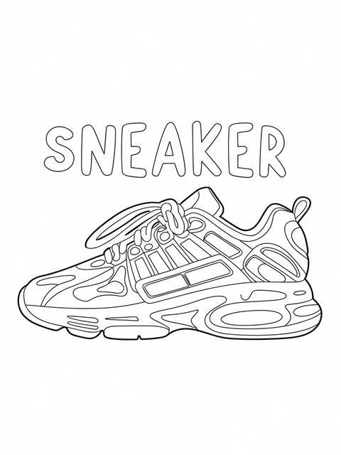 Line drawing of a customizable sneaker, ready for coloring, with the word 'sneaker'