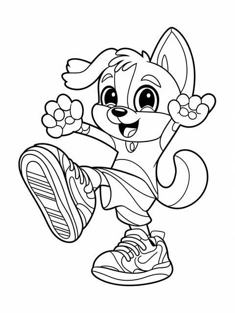 Line art of a cute dog-like animal wearing sneakers, ready to play