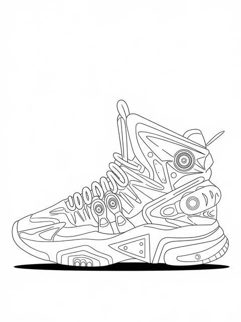 Line art of a futuristic sneaker, possibly robotic, with intricate details and design
