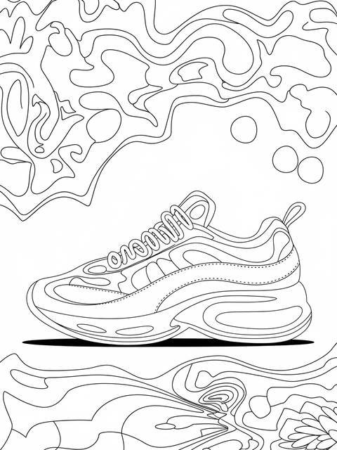Line art of a sneaker with an abstract background, ready for coloring