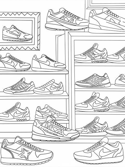 Line art of a vintage sneaker shop, showcasing various shoe designs
