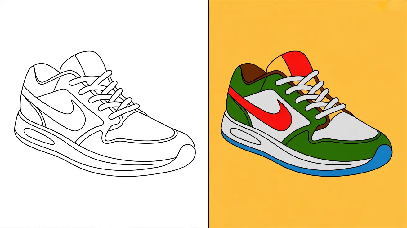 Sneaker coloring page: side-by-side image of a shoe, colored and blank