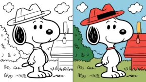 Snoopy coloring page: a two-panel image of snoopy in his iconic hat