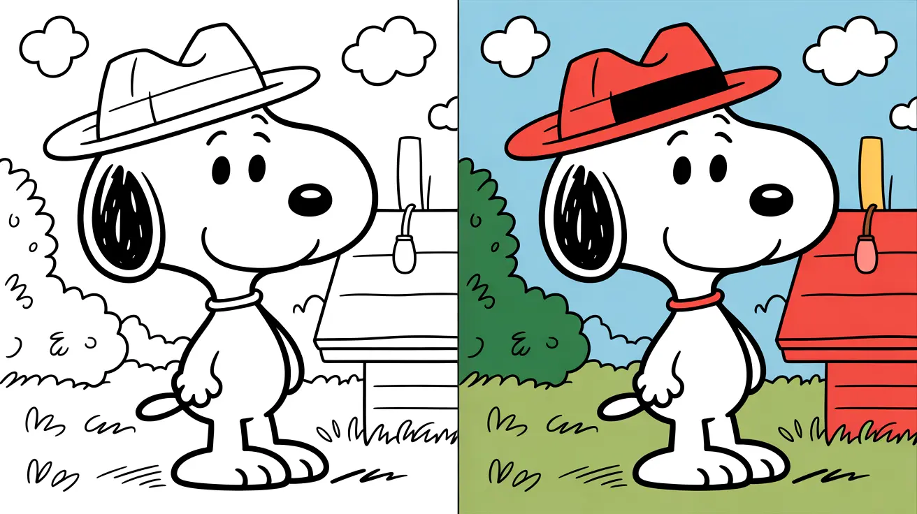 Snoopy coloring page: a two-panel image of snoopy in his iconic hat