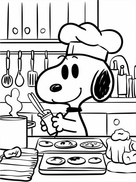 Snoopy, dressed as a chef, cooking in a kitchen, preparing food for the viewer