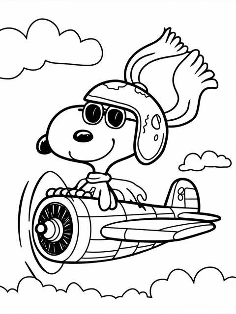 Snoopy, the ace pilot, wearing a helmet and goggles, flying a biplane coloring page