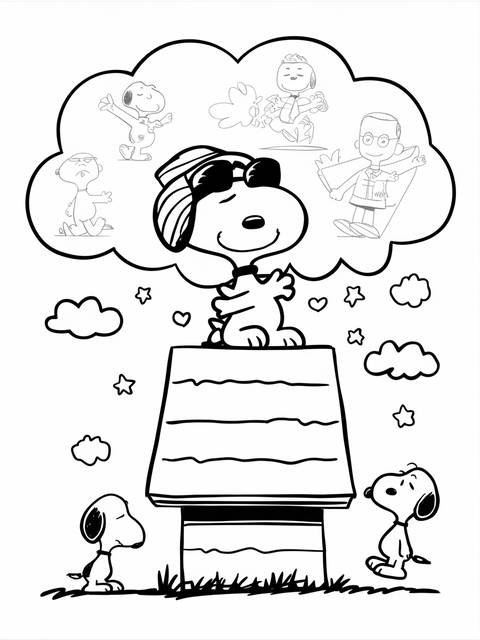 Snoopy having a dream sequence, standing on his doghouse, with other characters
