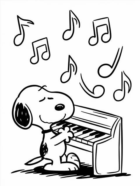 Snoopy playing piano, surrounded by musical notes, a scene from the snoopy snoopy series
