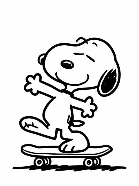 Snoopy skateboarding, captured in a dynamic pose on a black and white illustration