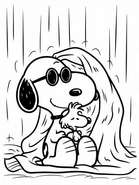 Snoopy snuggled up with woodstock, a coloring page cover illustration