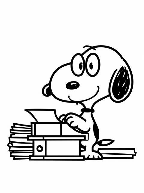 Snoopy typing on a typewriter, a classic black and white image