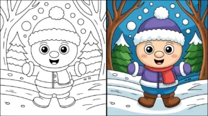 Snow coloring page: a cheerful cartoon character in winter attire, with a snowy background