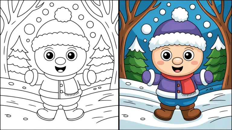 Snow coloring page: a cheerful cartoon character in winter attire, with a snowy background