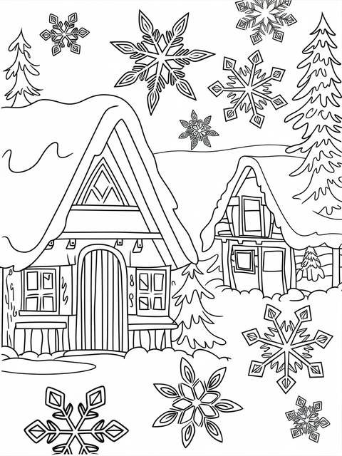 A charming winter scene coloring page with snowflakes and snow-covered houses