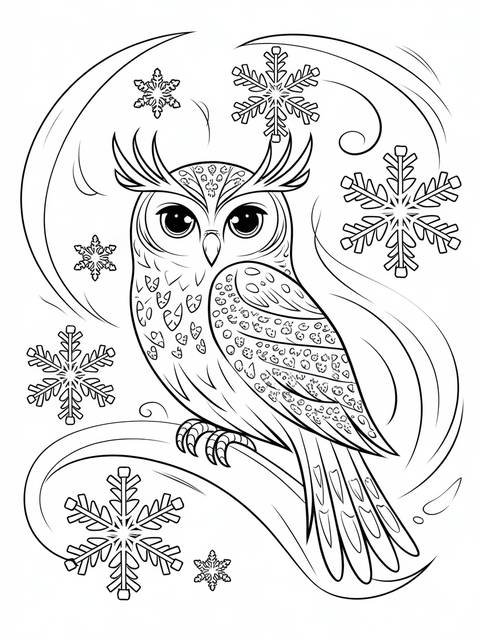 Black and white illustration of an owl, surrounded by snowflakes, a magical winter critter