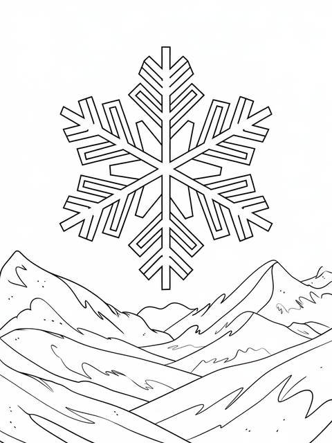 A majestic snowflake looming over a mountain range, a coloring page
