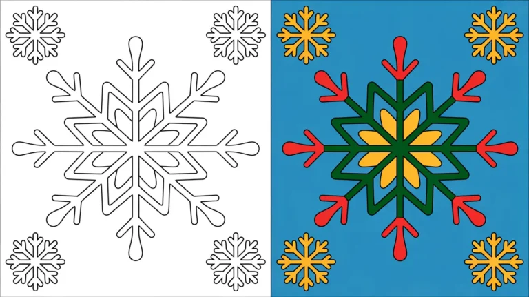 Snowflake coloring page with a two-panel design, one colored, one blank